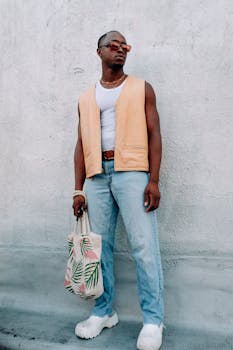 Stylish individual posing with a tropical print bag against a textured wall.