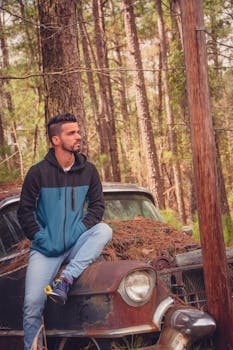 A man leans on a rusty vintage car in a forest, embodying nostalgia and decay.