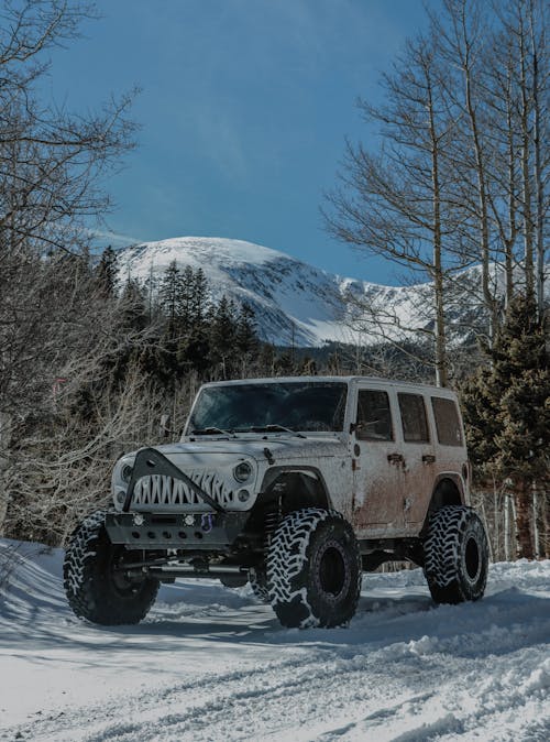 Offroad Car on Road in Winter Landscape