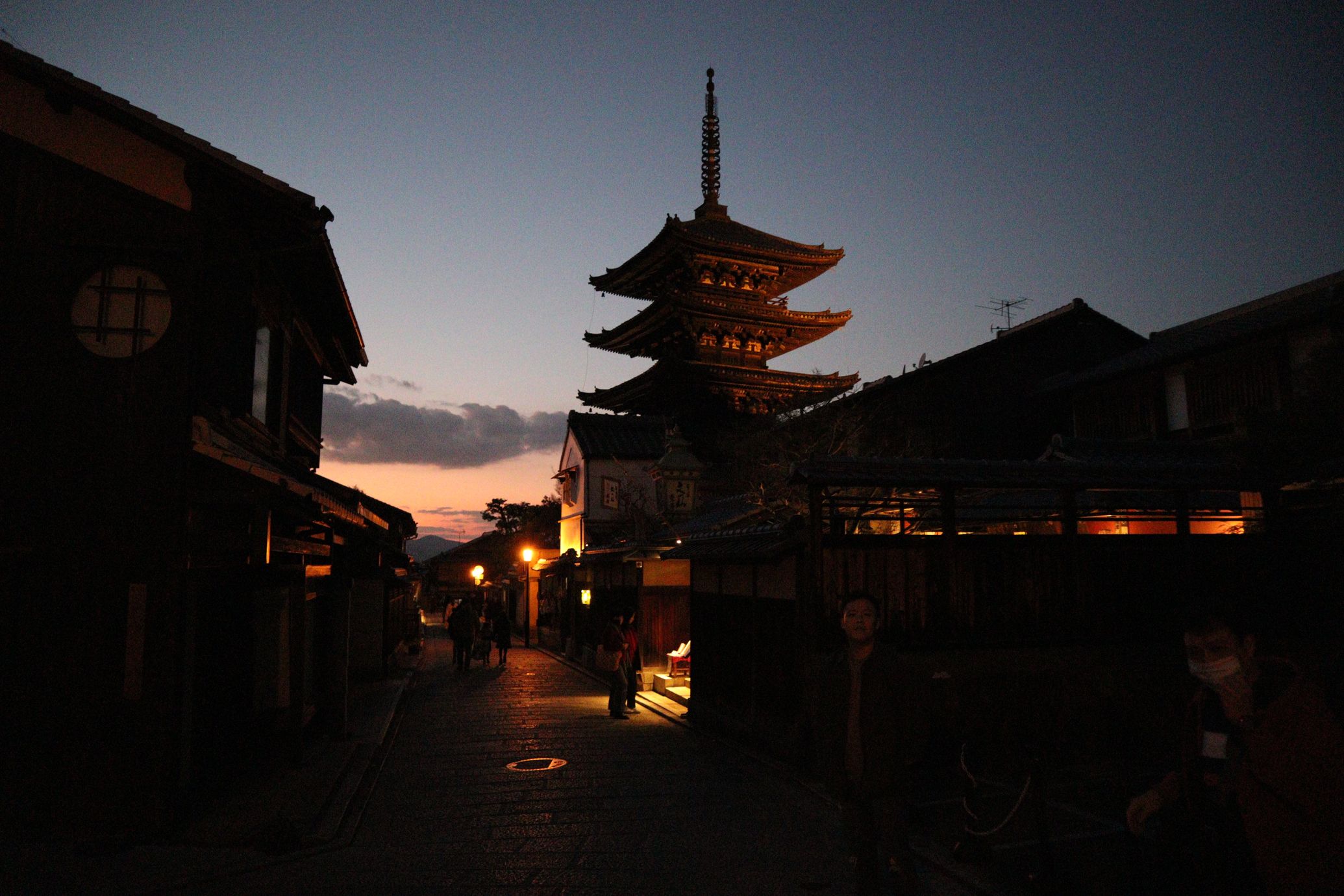 View of Yasaka Pagoda in Kyoto's historic Gion district at evening