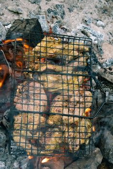 Succulent meat grilling over an open flame on a campfire, creating a rustic outdoor cooking experience.