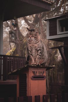 一只雄伟的虎斑猫坐在柱子上，周围环绕着乡村建筑和自然风光