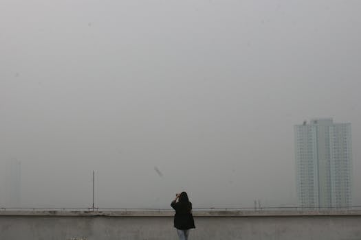 屋顶上的女人凝视着朦胧的城市天际线，它在雾霾中若隐若现，营造出一种宁静的氛围