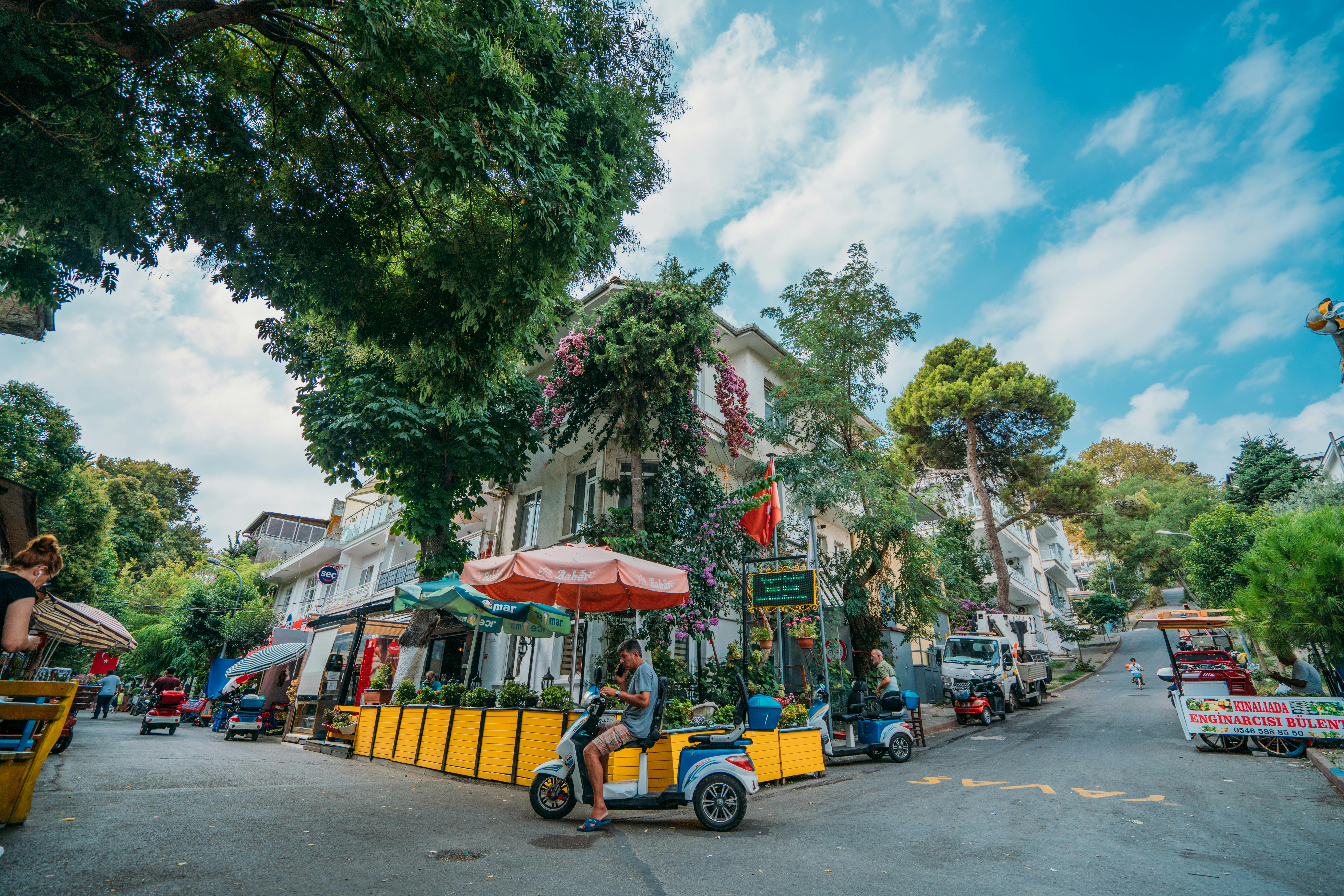 Free A vibrant street scene featuring trees, colorful foliage, and scooters in a tropical city setting. Stock Photo