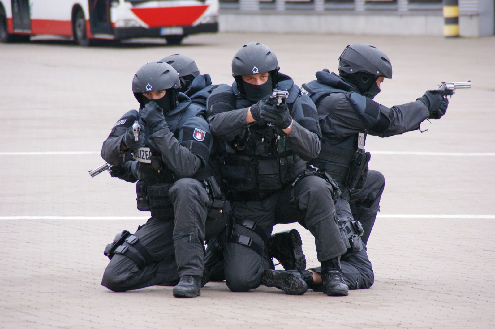 Swat Rescuing Police SWAT Team Excercising a Hostage Rescue Scenario Involving a Bus ...
