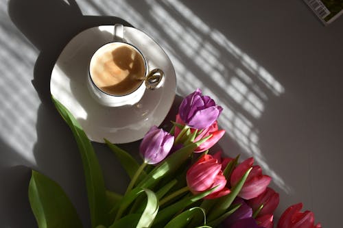 Cup of Coffee and a Bunch of Tulip Flowers 