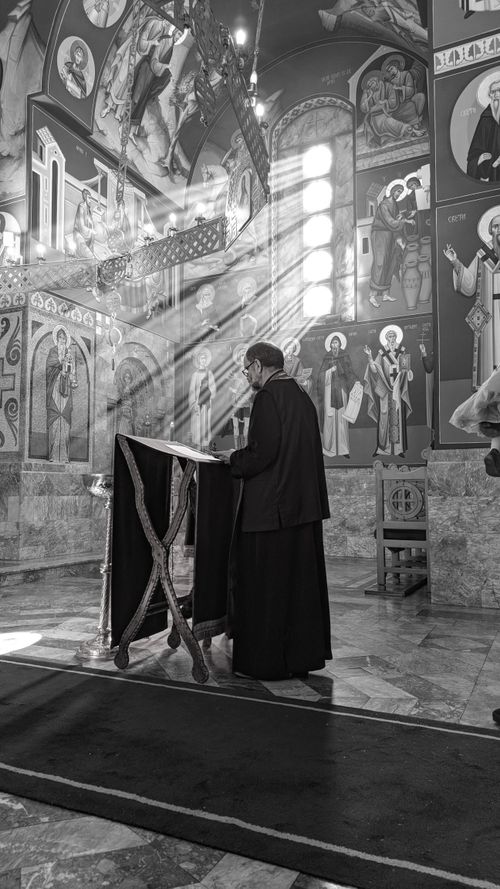 Free Black and white photo of a priest leading a service inside a beautifully decorated cathedral with sunlight streaming in. Stock Photo