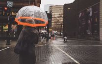 Urban scene in Montreal with pedestrians holding umbrellas on a rainy day.
