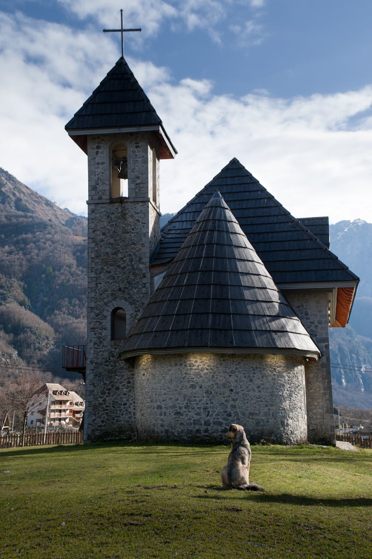 Dog Sitting By The Church In Rural Area