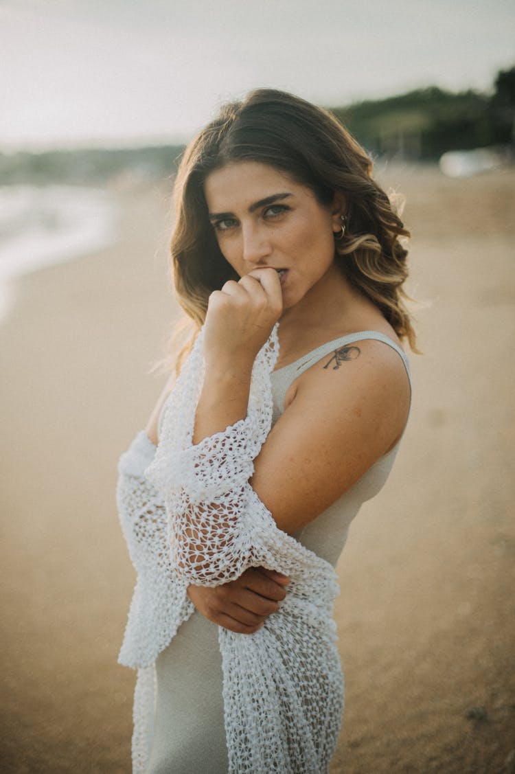 Beautiful Woman In Dress Posing On Beach In Bali, Indonesia