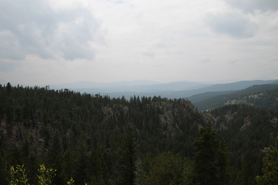 A serene view of evergreen forests and mountains under a cloudy dawn sky, offering a peaceful and natural scene.