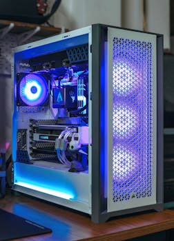 A sleek desktop PC with vibrant blue RGB lighting showcasing modern computer technology.