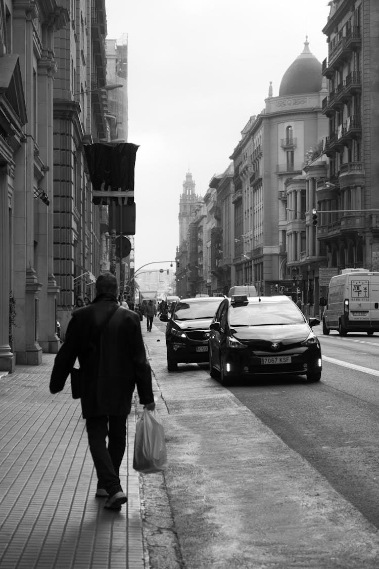 Man Walking Down The Sidewalk With Shopping Bags