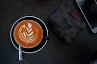桌上放着钱包和手机，配着拿铁艺术，享用一杯卡布奇诺