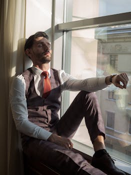 Man in elegant attire sits by window with closed eyes, enjoying sunlight.