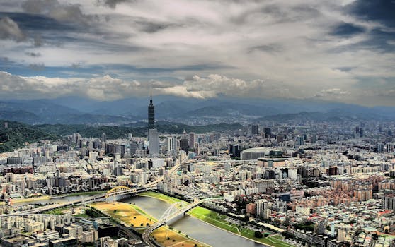 Stunning aerial photo of Taipei's skyline, featuring Taipei 101 and urban landscape.