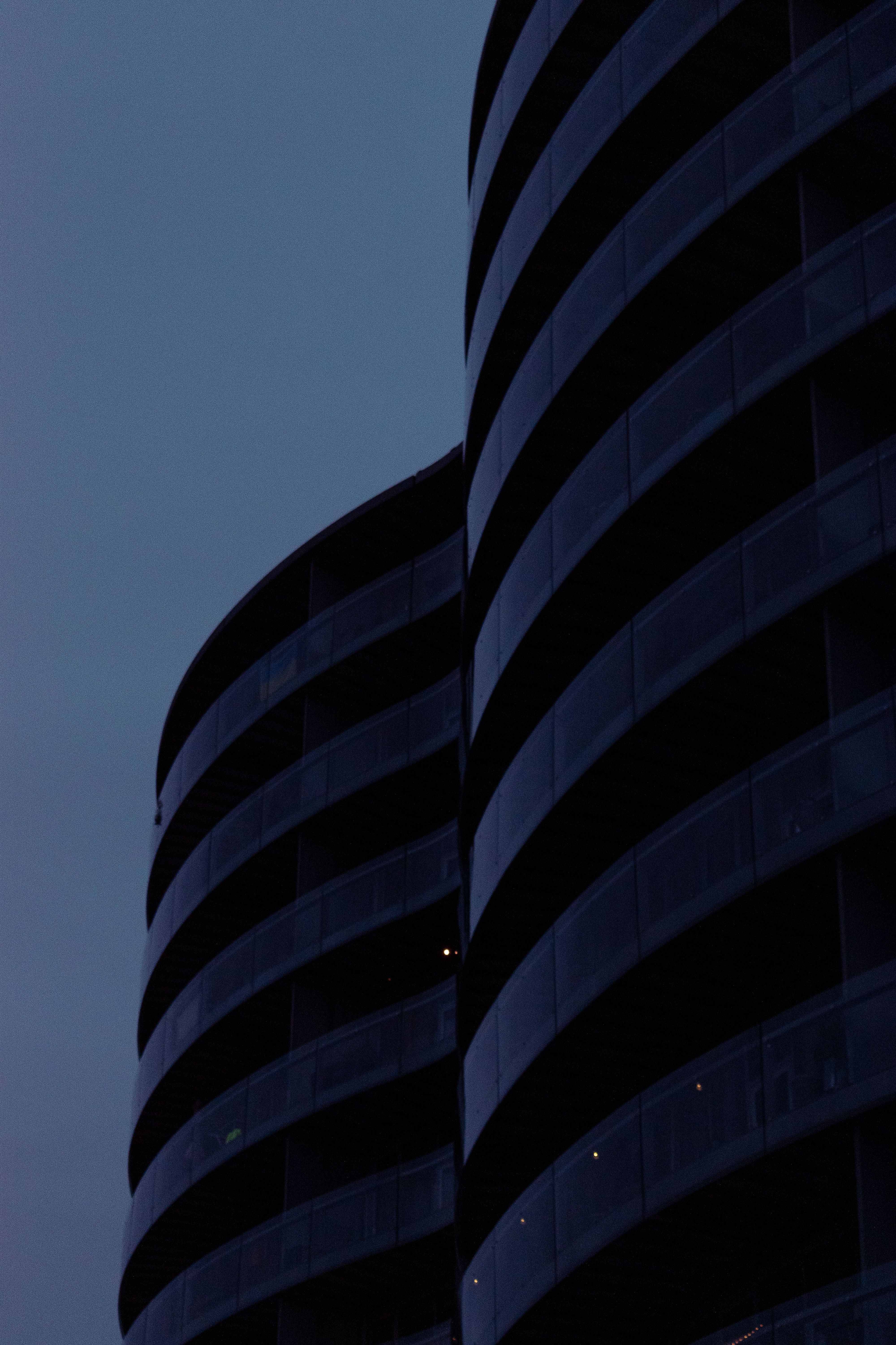 Modern architecture of Gemini Residence at dusk in Copenhagen, Denmark.