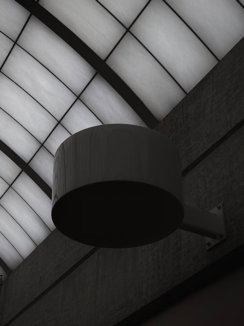 Black and White Shot of a Round Object under a Glass Roof 