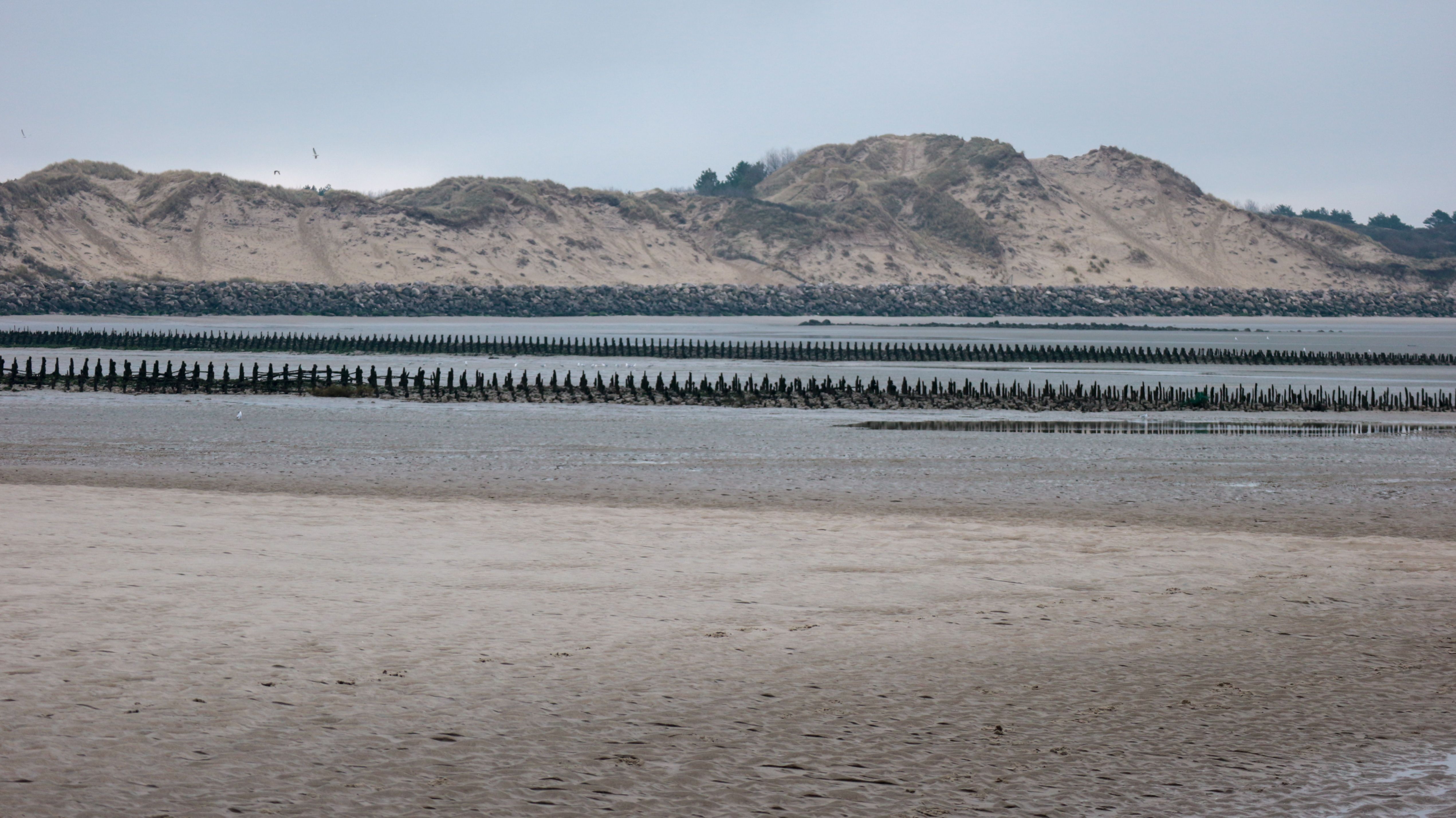 Serene view of sand dunes and tidal flats at Berck, France.