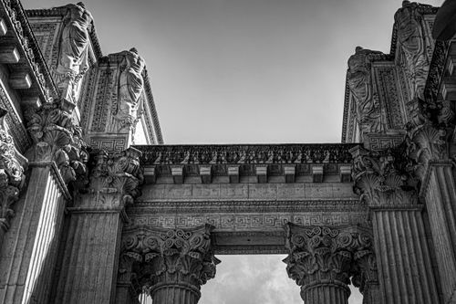 Free Black and white photo of historic columns and sculptures with intricate details. Stock Photo