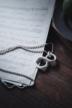 Artistic shot of a silver necklace resting on musical sheet, evoking a vintage and dramatic feel.
