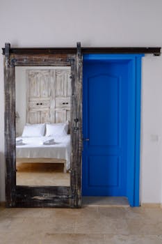 A rustic barn door slides open to reveal a cozy white bed in a bright blue doorframe.