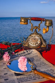 Retro telephone and mirror on a beach table with a newspaper and flowers.