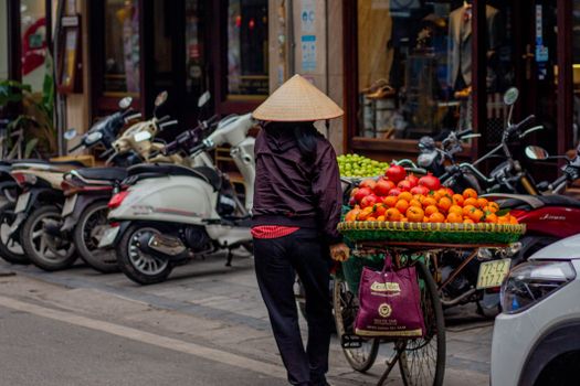 A Vietnamese street vendor pushes a fruit-laden bicycle through the bustling streets of Hanoi.