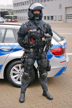A German police officer in tactical gear stands in front of a police car.
