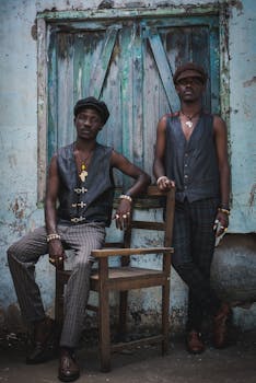 Two stylish men in fashionable attire posing in front of an aged wooden door.