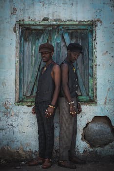 Two men in fashion attire leaning back-to-back against a distressed wall.