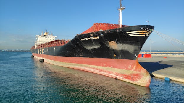 Massive cargo ship MSC Veronique docked at Sharjah harbor under clear blue skies.