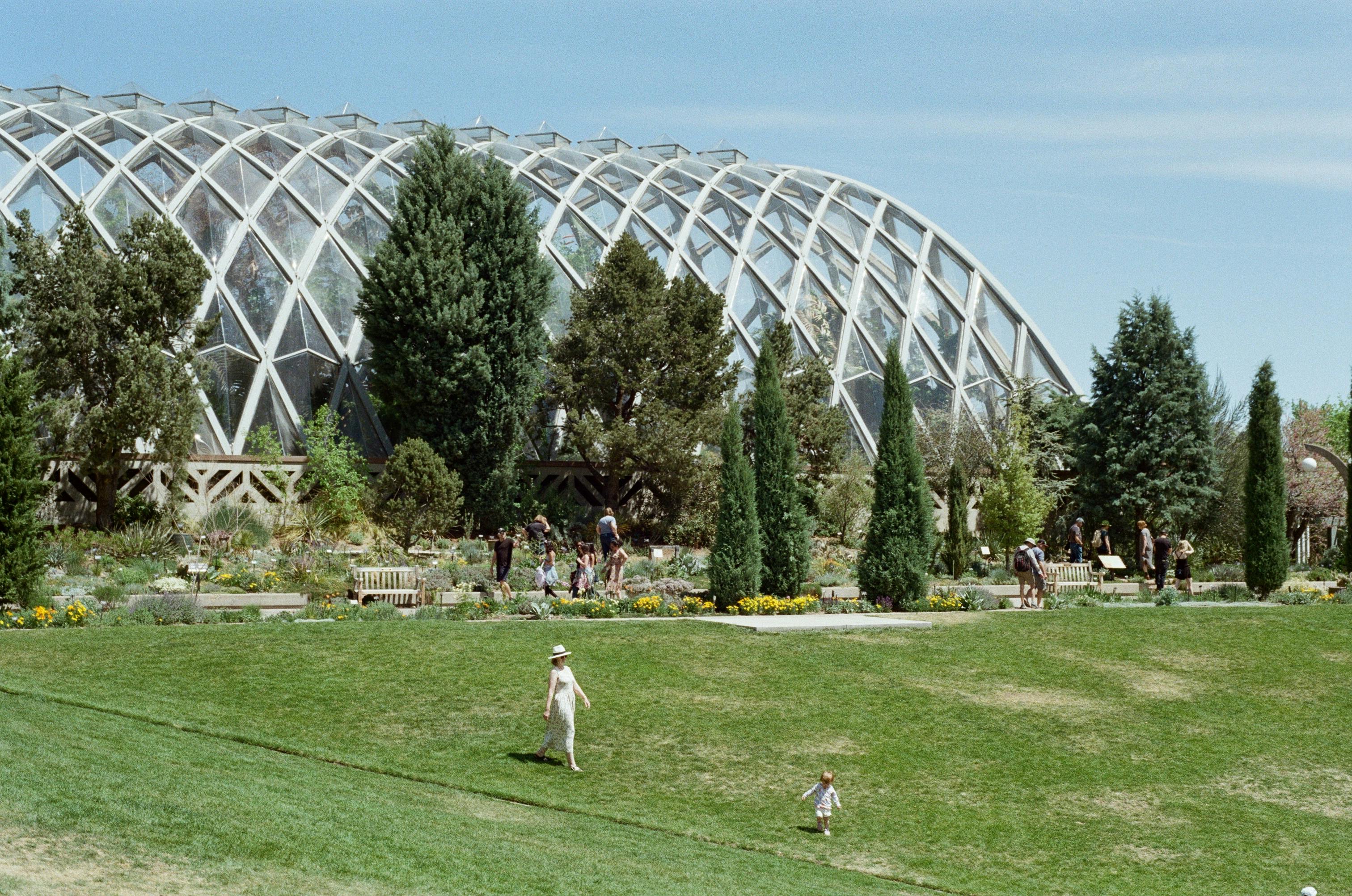 Visitors enjoy a sunny day at Denver Botanic Gardens, featuring lush greenery and unique architecture.