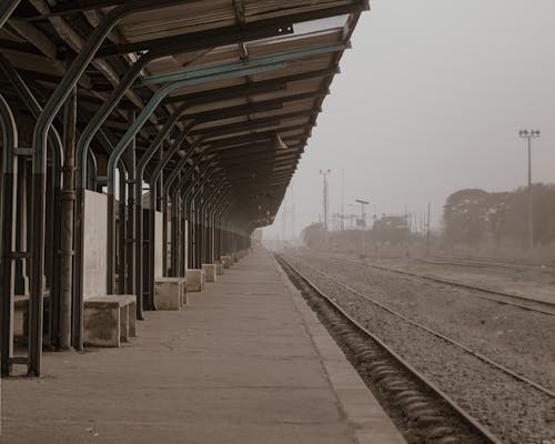 Empty Railway Platform in Fog