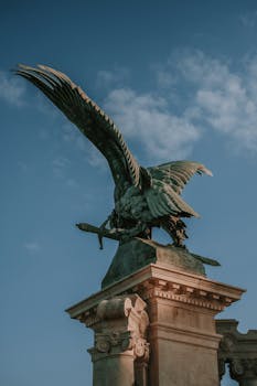 Majestic eagle statue on a pedestal in Budapest, captured under a clear blue sky.