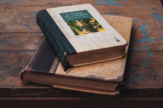 Two vintage books with worn covers on a rustic wooden table, exuding timeless charm.