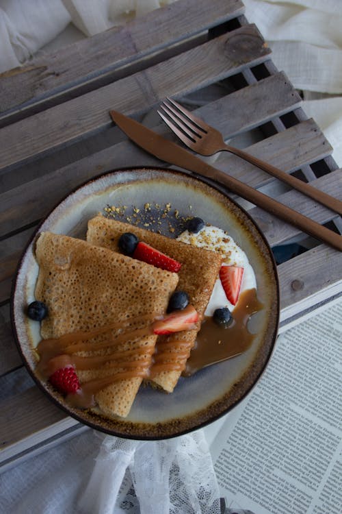 Free Pancakes with Fruit on a Plate Stock Photo