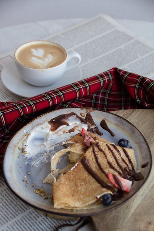 Free Pancakes with Fruit and a Cup of Coffee Stock Photo