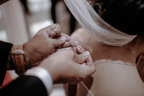 Bridegroom Tying a Thread on a Groom Neck 