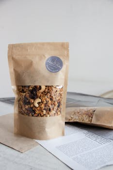 Granola mix in resealable Kraft bags with cashews and nuts on a kitchen table.