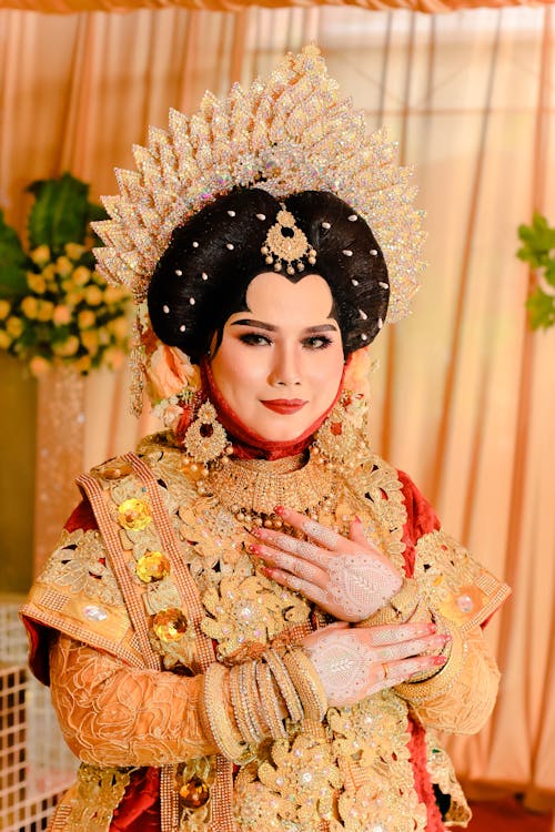Bride in Traditional Wedding Dress and Jewelry