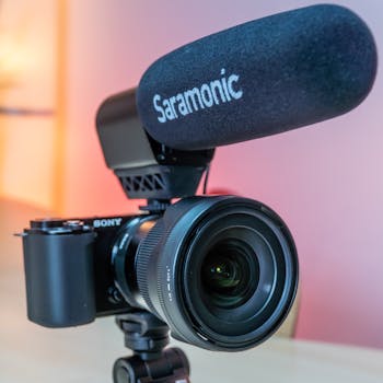 High-quality close-up image of a camera equipped with a Saramonic microphone, ideal for content creators.