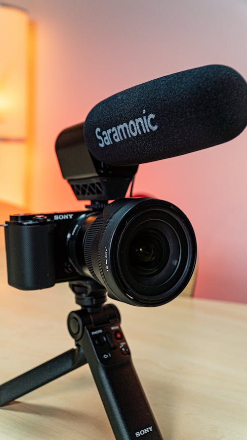 Close-up of Professional Camera with Microphone