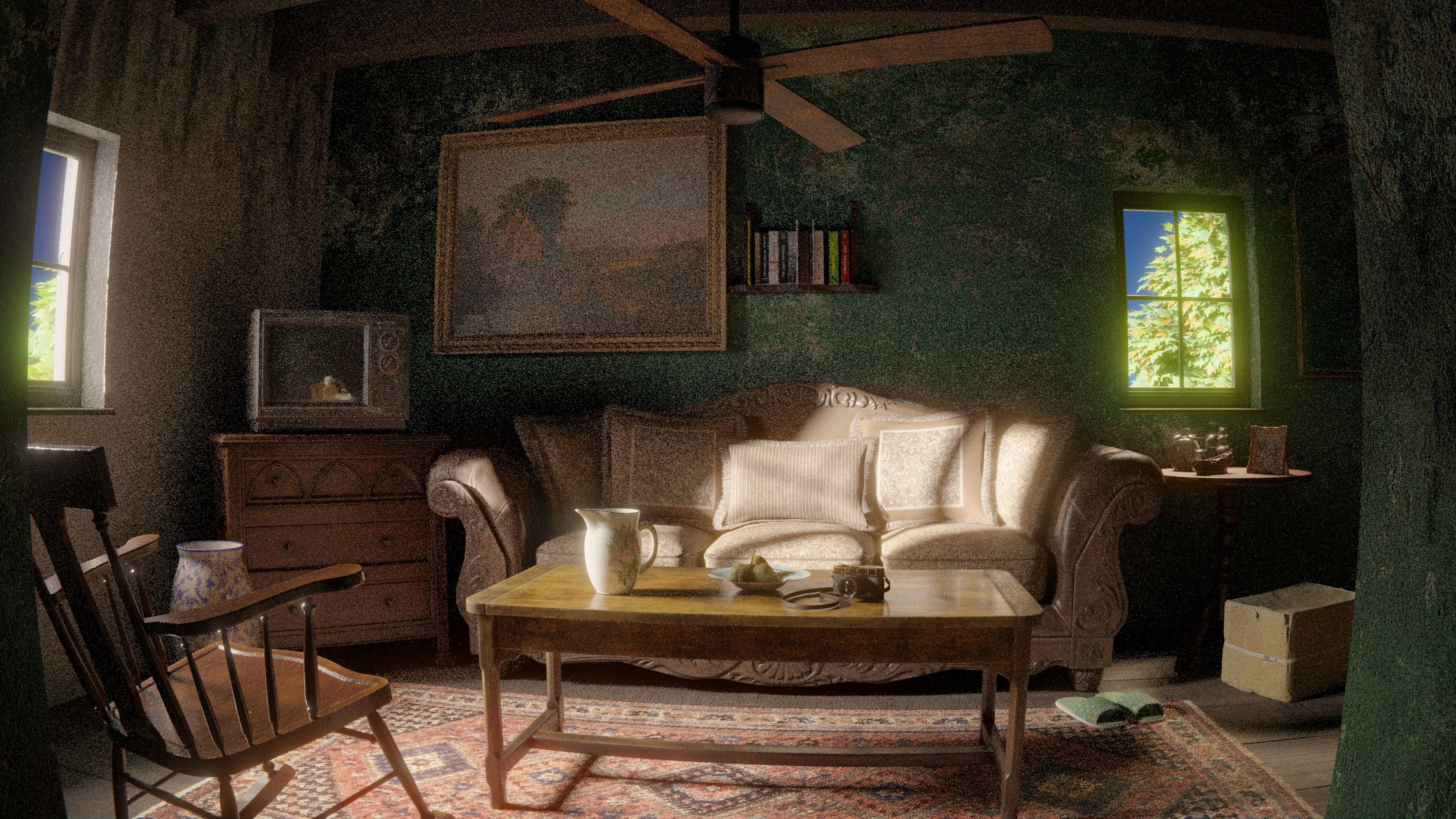 Charming rustic living room with vintage decor and warm lighting.