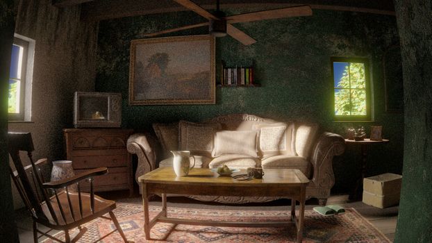 Charming rustic living room with vintage decor and warm lighting.