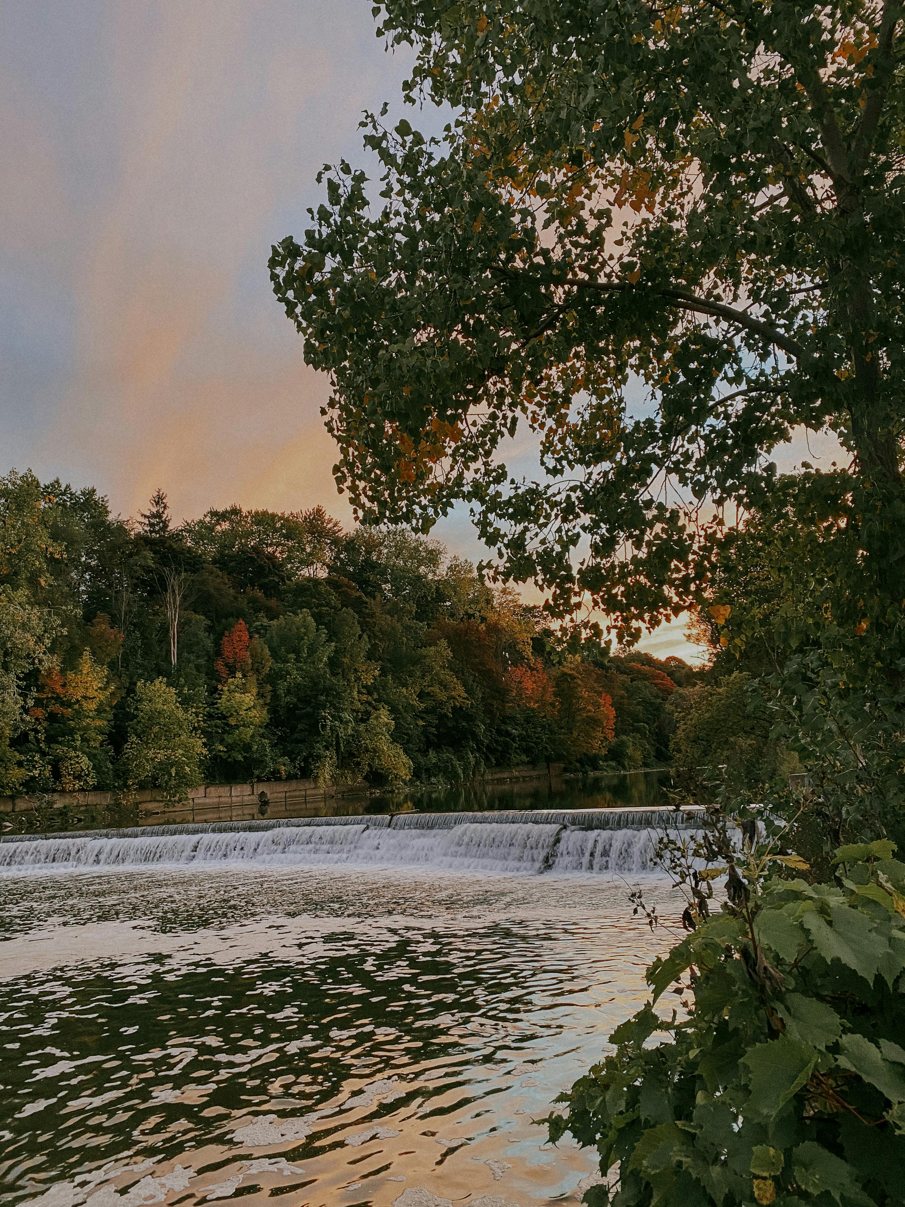 a river with a waterfall and trees in the background