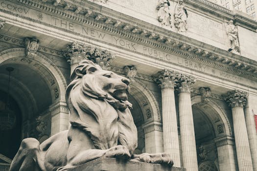 纽约公共图书馆的入口处，有雄伟的狮子雕像守卫着
