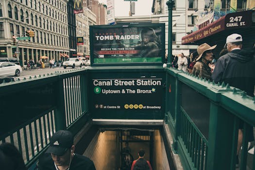 Canal Street Station entrance with urban street scene in New York City.