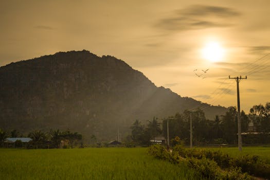 Serene sunset view of Kampong Trach mountain with lush fields and power lines in Cambodia.