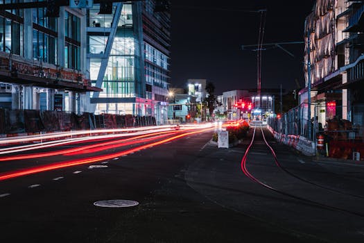 Vibrant light trails on a city street in Tampa, Florida at night captured with long exposure.